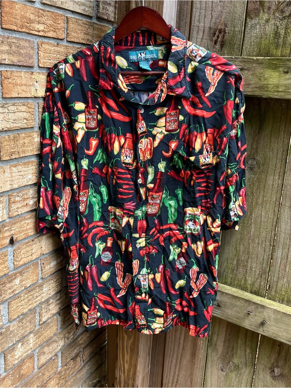 Vtg Big Dogs Black Short-Sleeve Button-Down with Red and Green Hot Sauce Print